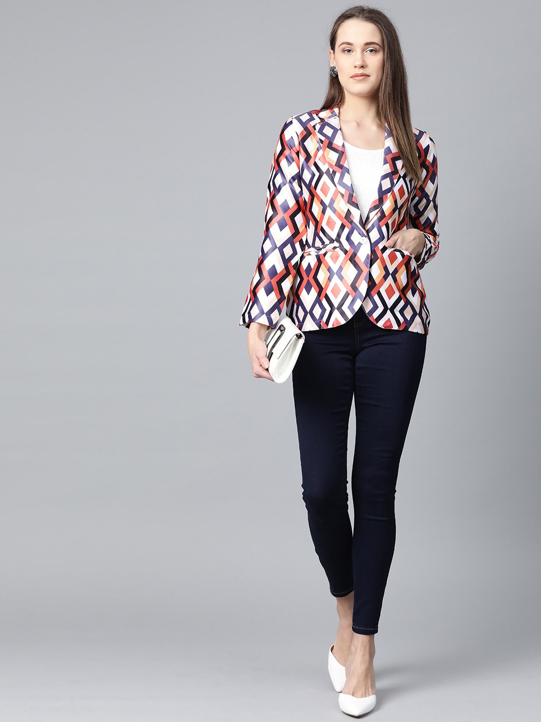Jompers Women Multi-Coloured Satin Finish Printed Single-Breasted Blazer | Grocsy