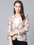 Jompers Women Peach-Coloured & Grey Satin Printed Single-Breasted Casual Blazer | Grocsy