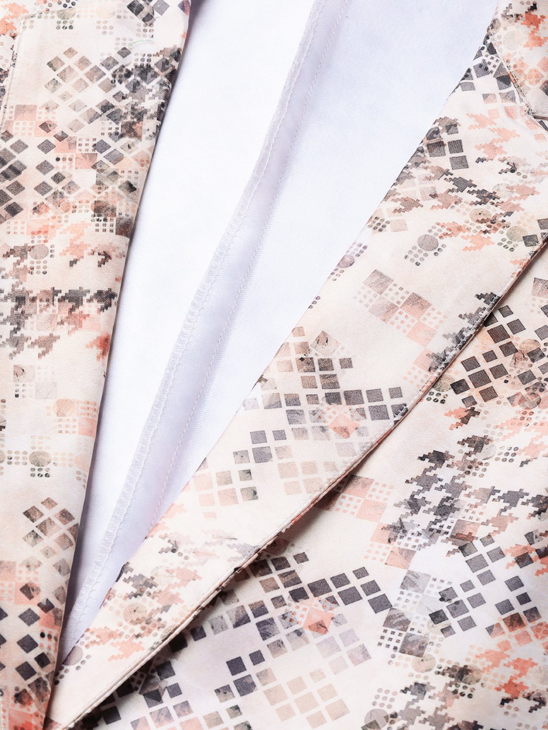 Jompers Women Peach-Coloured & Grey Satin Printed Single-Breasted Casual Blazer | Grocsy