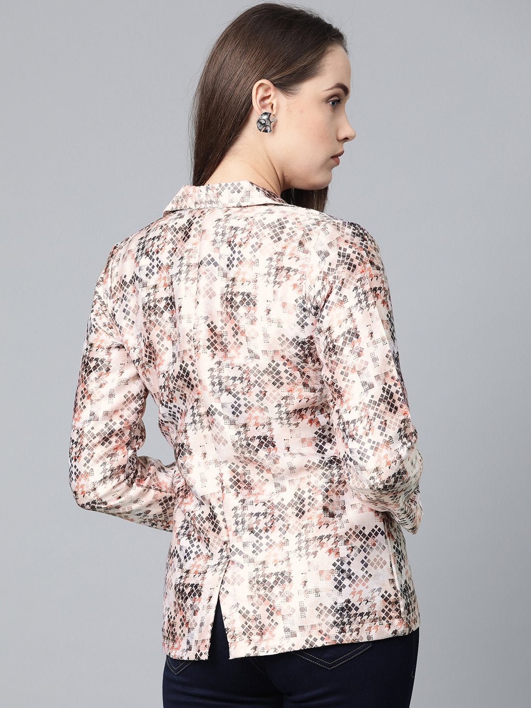 Jompers Women Peach-Coloured & Grey Satin Printed Single-Breasted Casual Blazer | Grocsy