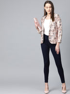 Jompers Women Peach-Coloured & Grey Satin Printed Single-Breasted Casual Blazer | Grocsy