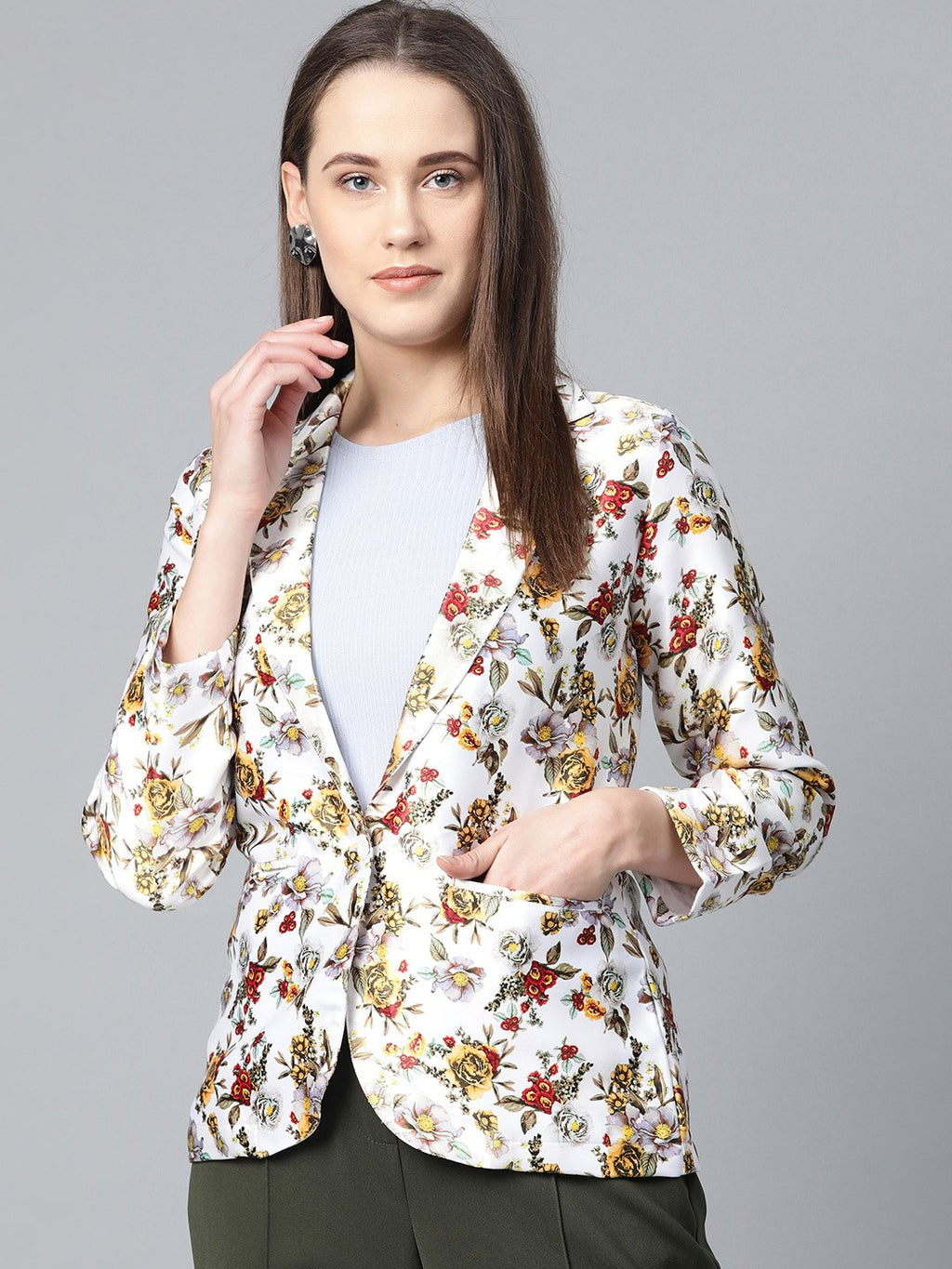 Jompers Women White & Yellow Satin Finish Floral Print Single-Breasted Blazer | Grocsy