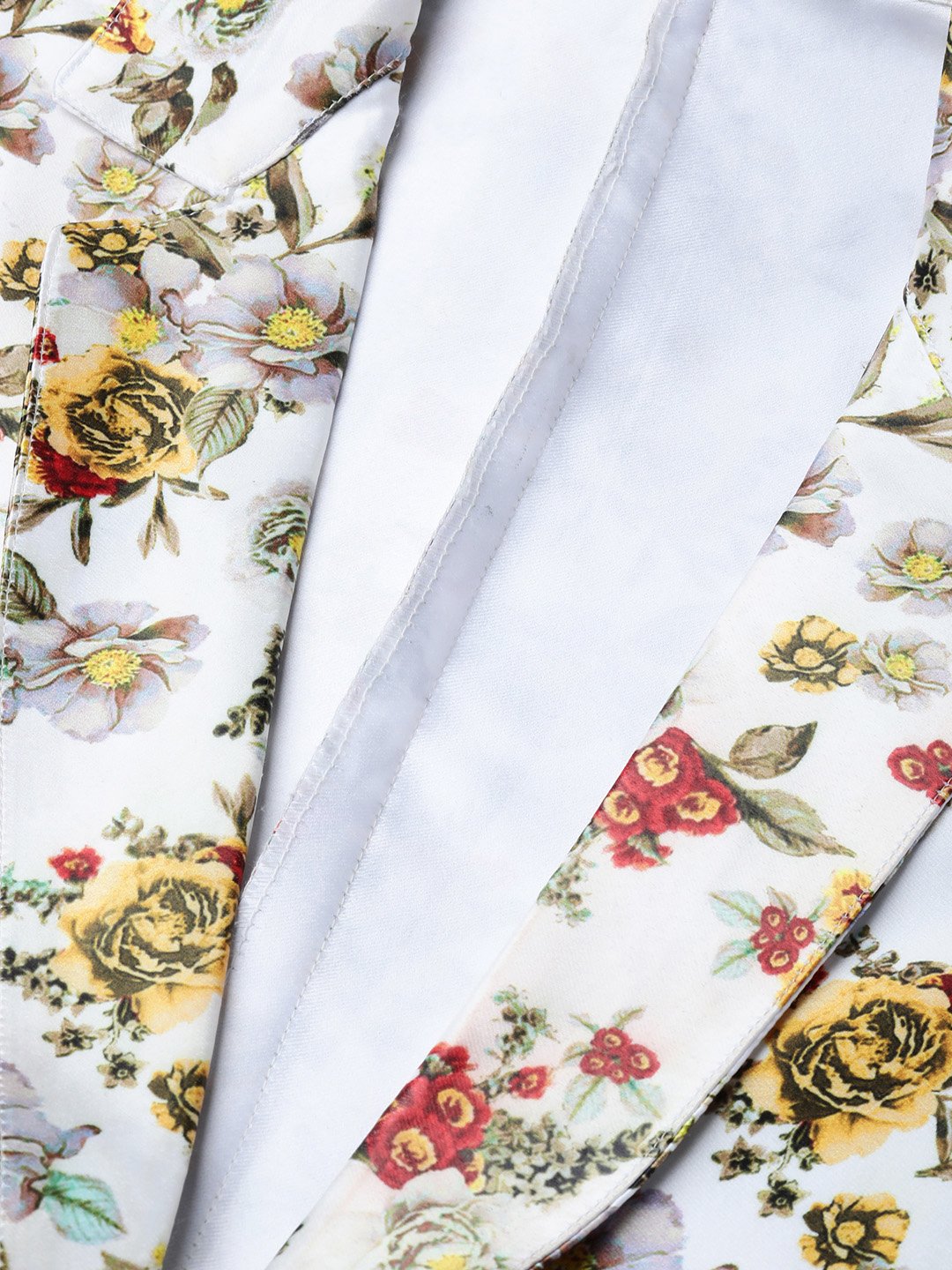 Jompers Women White & Yellow Satin Finish Floral Print Single-Breasted Blazer | Grocsy