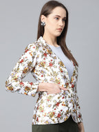 Jompers Women White & Yellow Satin Finish Floral Print Single-Breasted Blazer | Grocsy