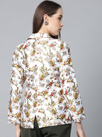 Jompers Women White & Yellow Satin Finish Floral Print Single-Breasted Blazer | Grocsy