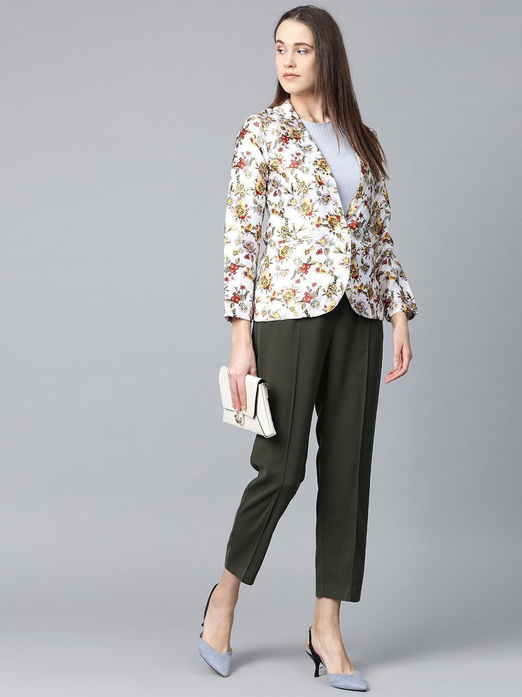 Jompers Women White & Yellow Satin Finish Floral Print Single-Breasted Blazer | Grocsy