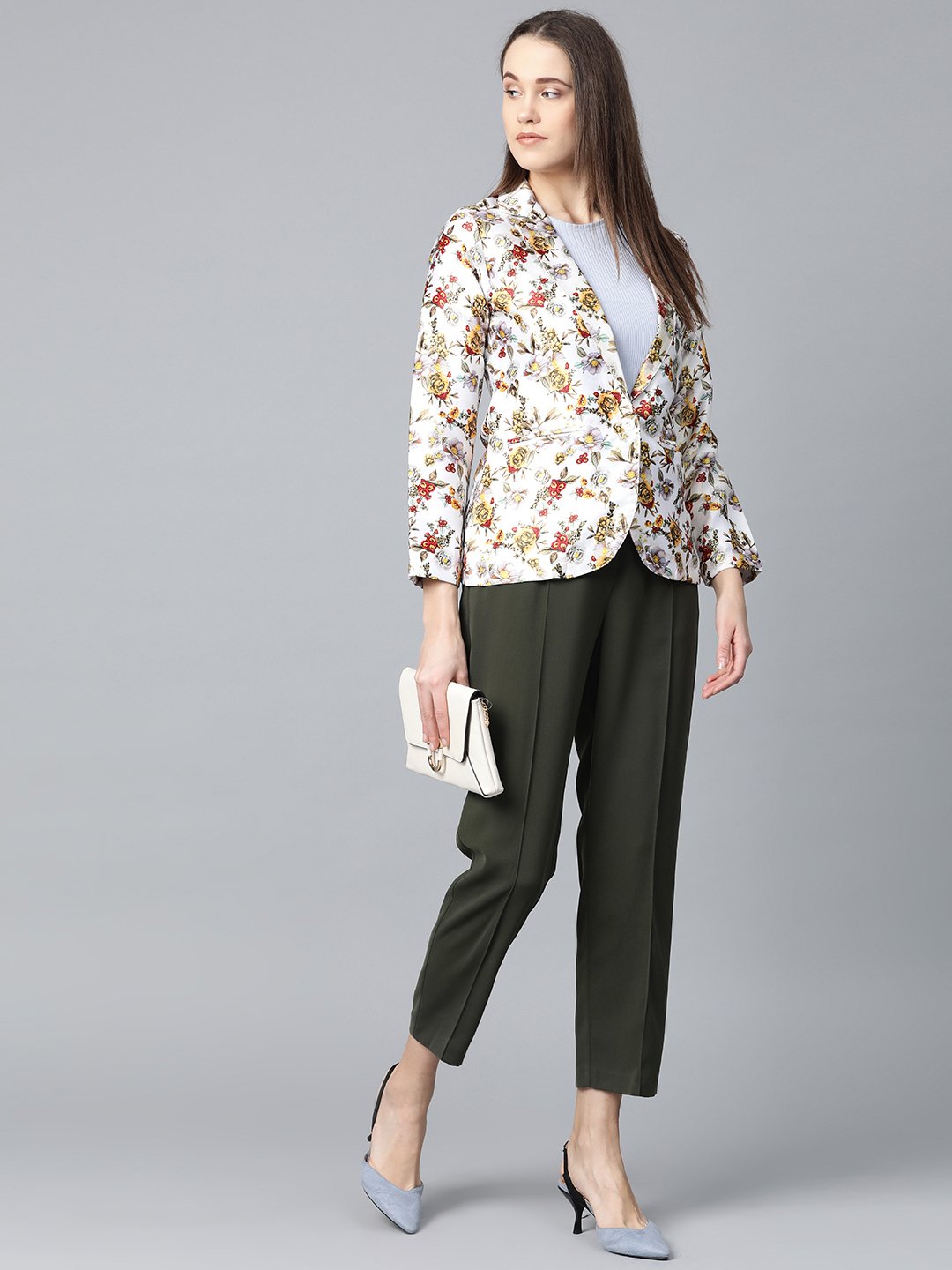 Jompers Women White & Yellow Satin Finish Floral Print Single-Breasted Blazer | Grocsy