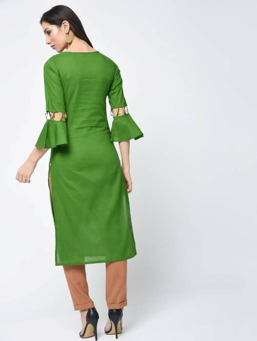 Aniyah Cotton Criss Cross Bell Sleeves Straight Kurta In Green (AN-101A) | Grocsy