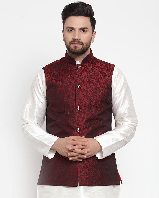 Jompers Men Maroon-Coloured & Black Woven Design Nehru Jacket | Grocsy