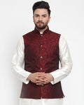 Jompers Men Maroon-Coloured & Black Woven Design Nehru Jacket | Grocsy