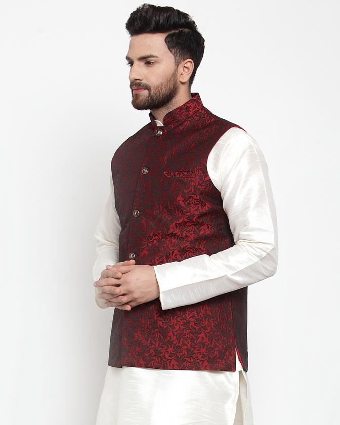 Jompers Men Maroon-Coloured & Black Woven Design Nehru Jacket | Grocsy