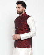 Jompers Men Maroon-Coloured & Black Woven Design Nehru Jacket | Grocsy