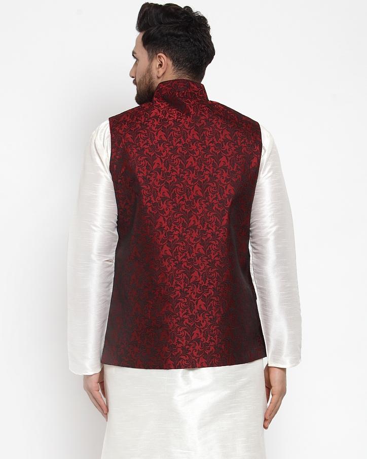 Jompers Men Maroon-Coloured & Black Woven Design Nehru Jacket | Grocsy