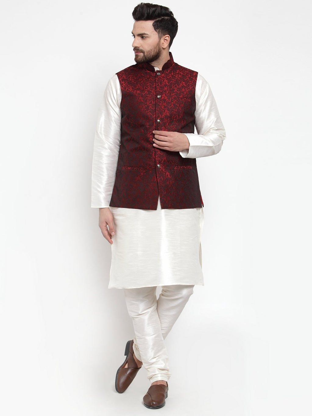 Jompers Men Maroon-Coloured & Black Woven Design Nehru Jacket | Grocsy
