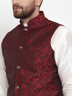 Jompers Men Maroon-Coloured & Black Woven Design Nehru Jacket | Grocsy
