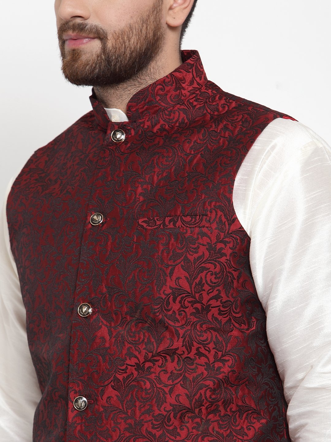 Jompers Men Maroon-Coloured & Black Woven Design Nehru Jacket | Grocsy