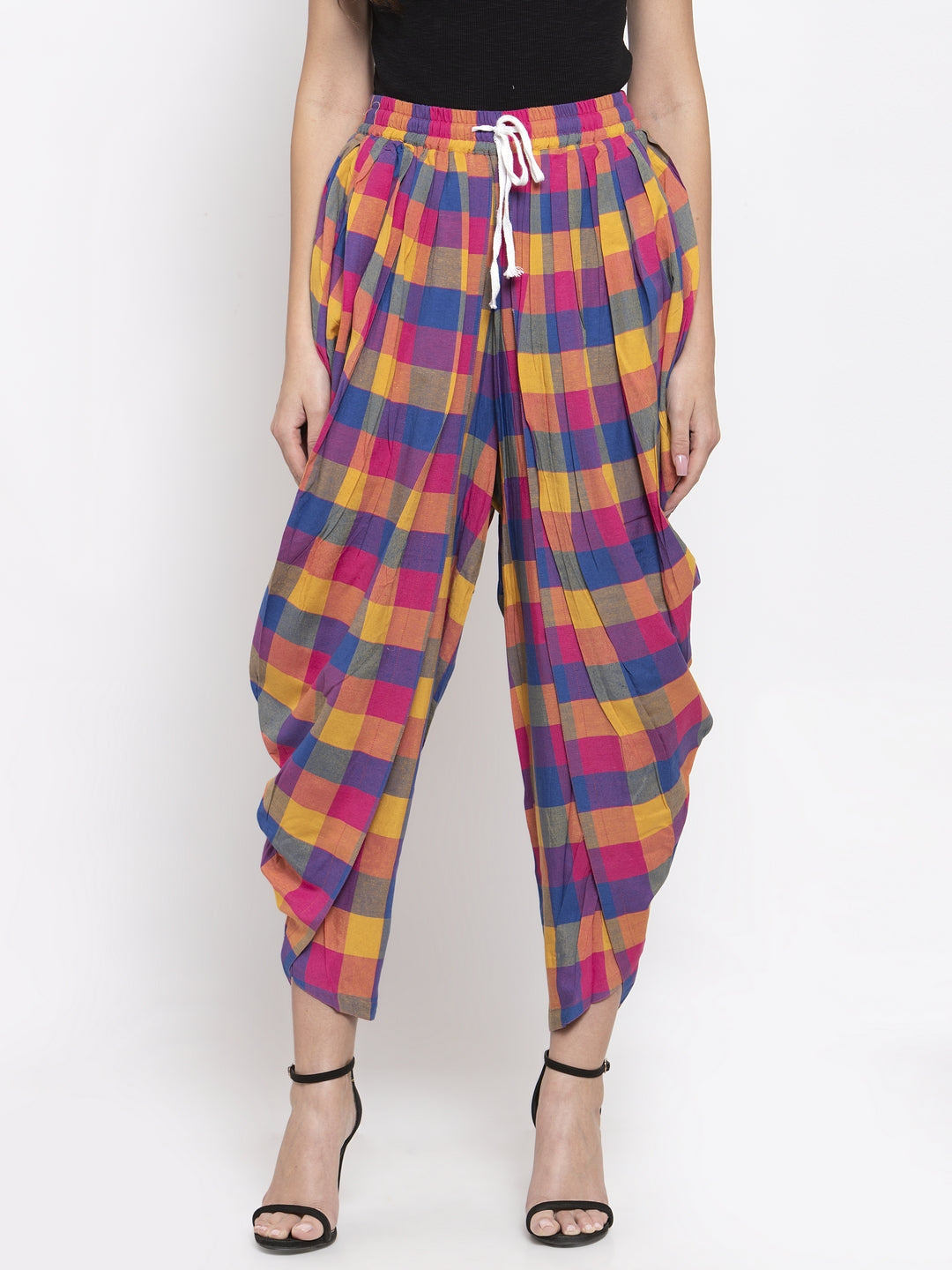 Jompers Women Pink and Yellow Checked Dhoti | Grocsy