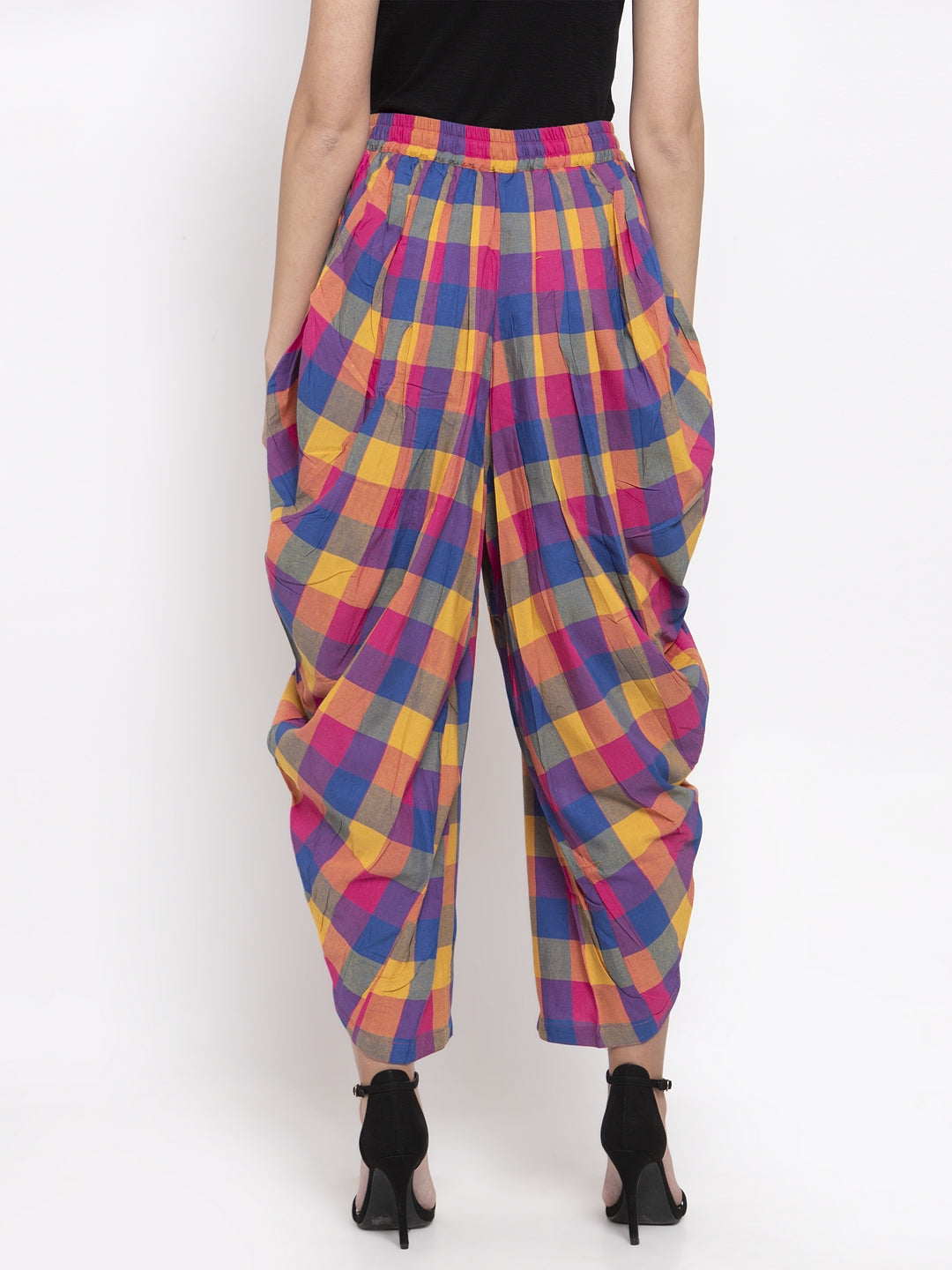 Jompers Women Pink and Yellow Checked Dhoti | Grocsy