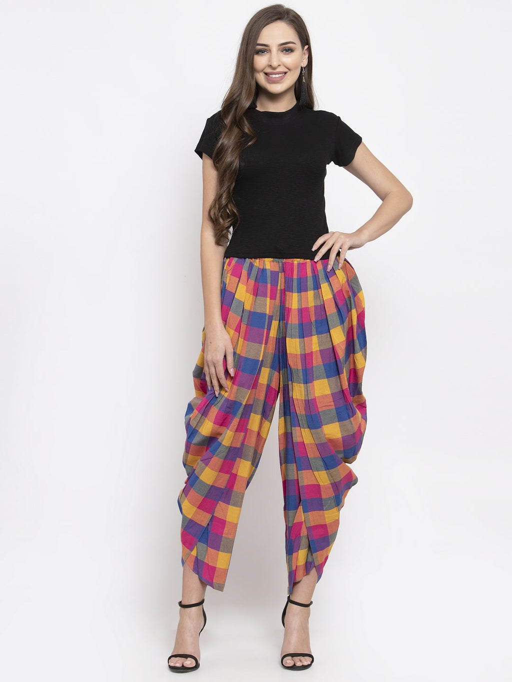 Jompers Women Pink and Yellow Checked Dhoti | Grocsy