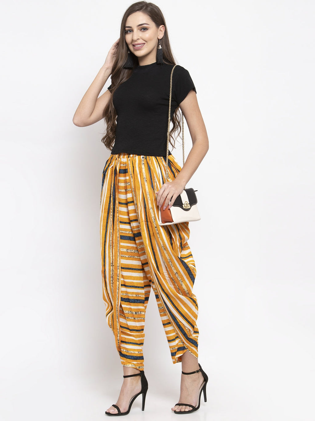 Jompers Women Yellow and Blue Stripped Dhoti | Grocsy