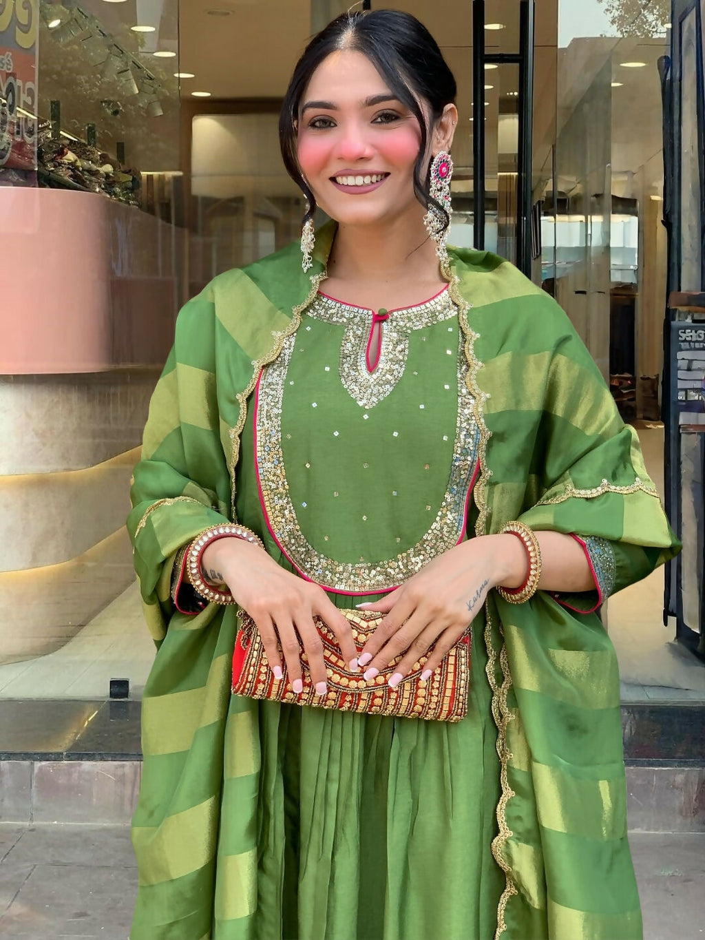The52 Light Green Women's Gorgeous Embroidered Work Chanderi Fabric Flared Kurta Pant and Dupatta Set | Grocsy
