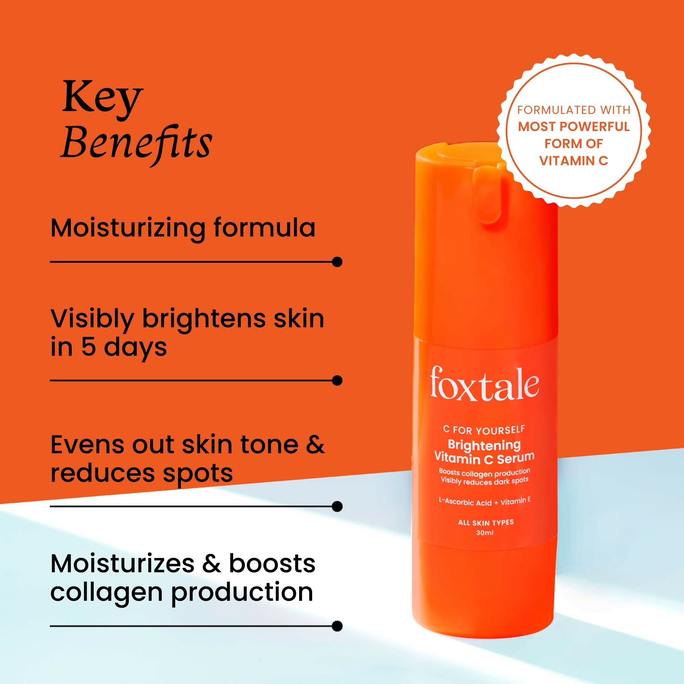 Foxtale Brightening 15% Vitamin C Face Serum With L-Ascorbic Acid And Vitamin E For Glowing Skin For Dark Spots | Grocsy