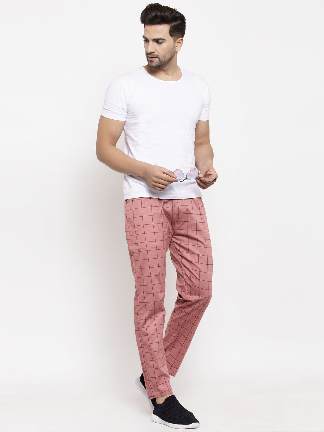 Jainish Men's Peach Checked Cotton Track Pants ( JOG 012Peach ) | Grocsy