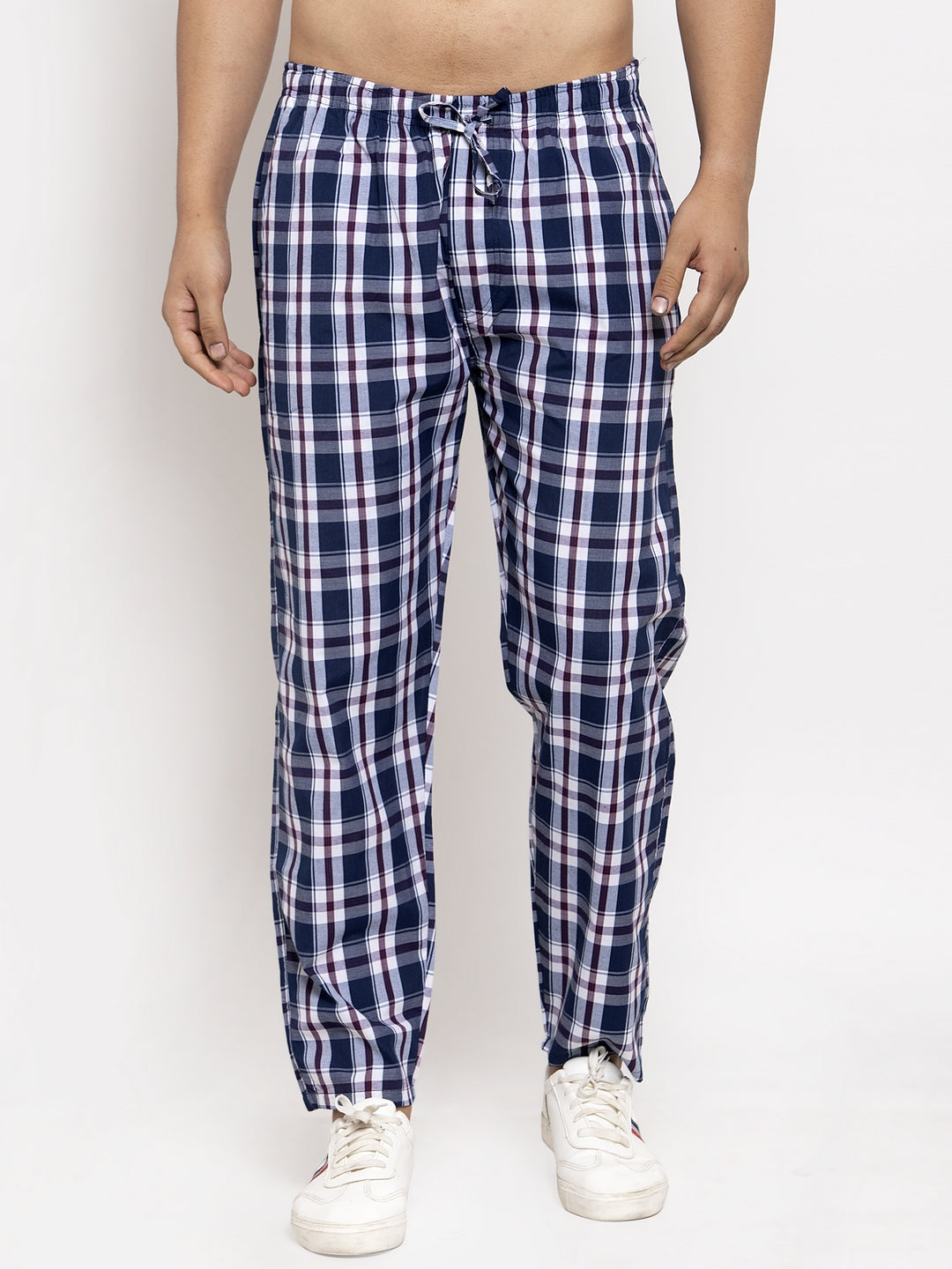 Jainish Men's Navy Blue Checked Cotton Track Pants ( JOG 013Navy-Blue ) | Grocsy