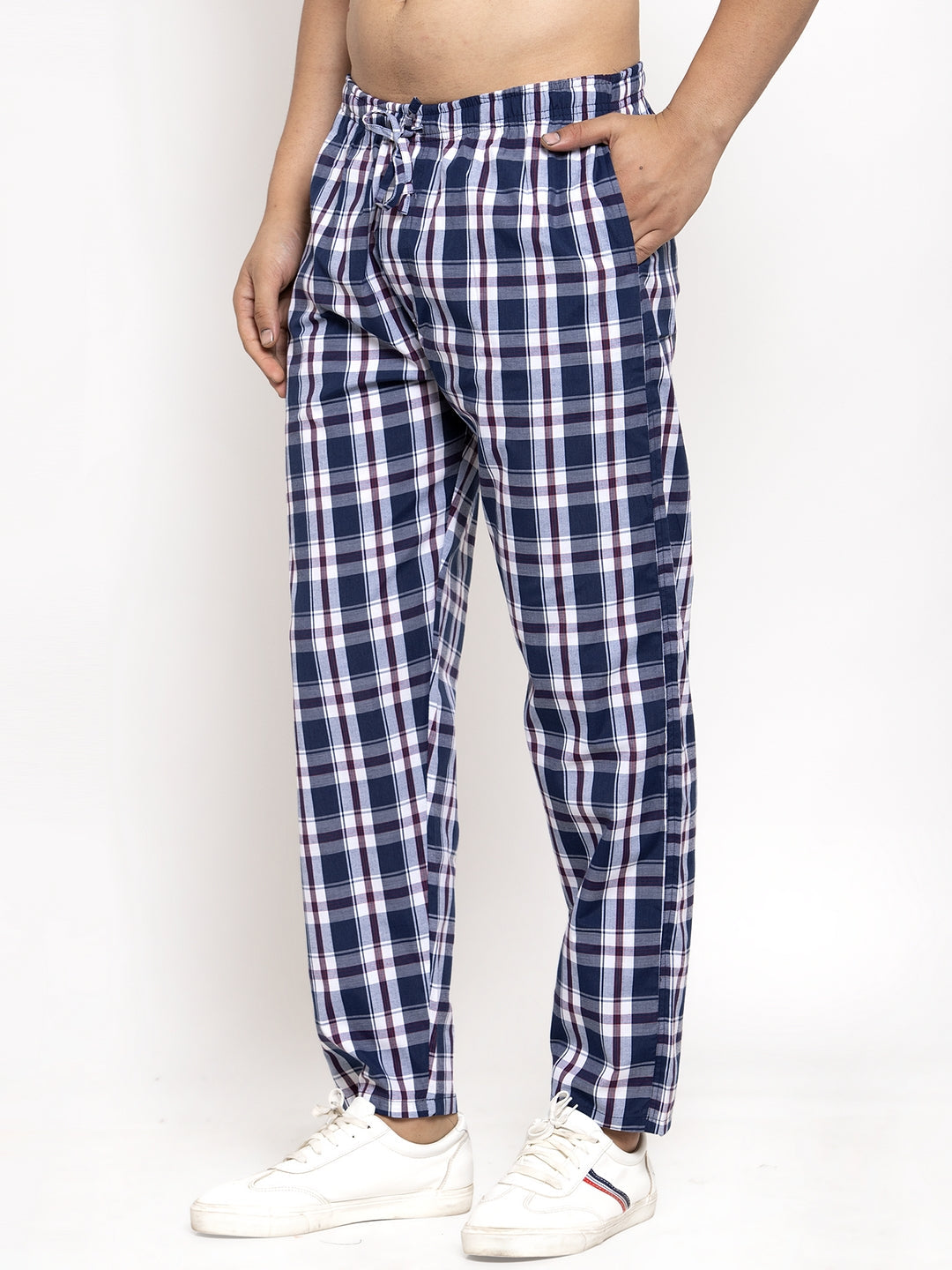 Jainish Men's Navy Blue Checked Cotton Track Pants ( JOG 013Navy-Blue ) | Grocsy