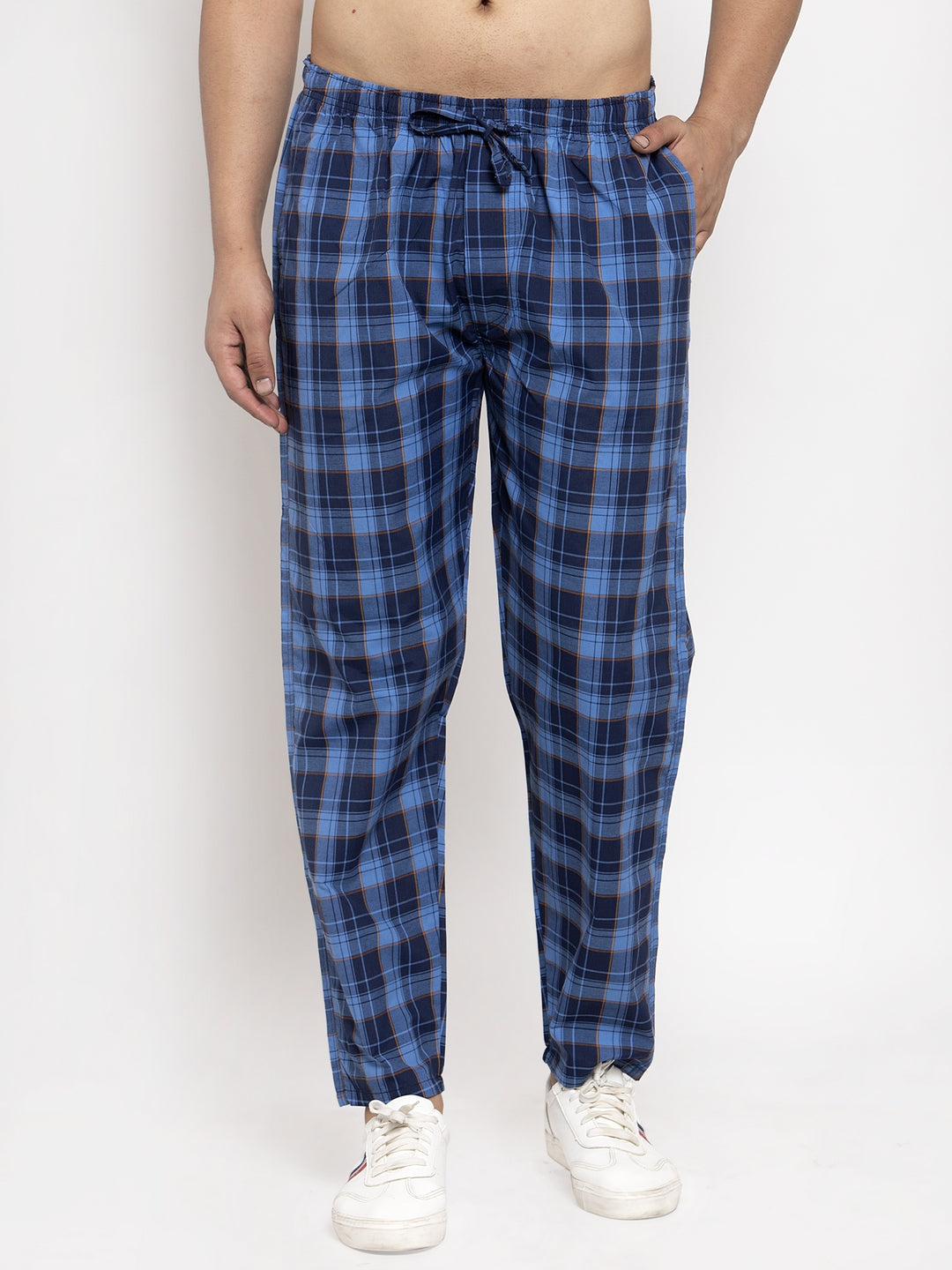 Jainish Men's Blue Checked Cotton Track Pants ( JOG 013Royal-Blue ) | Grocsy
