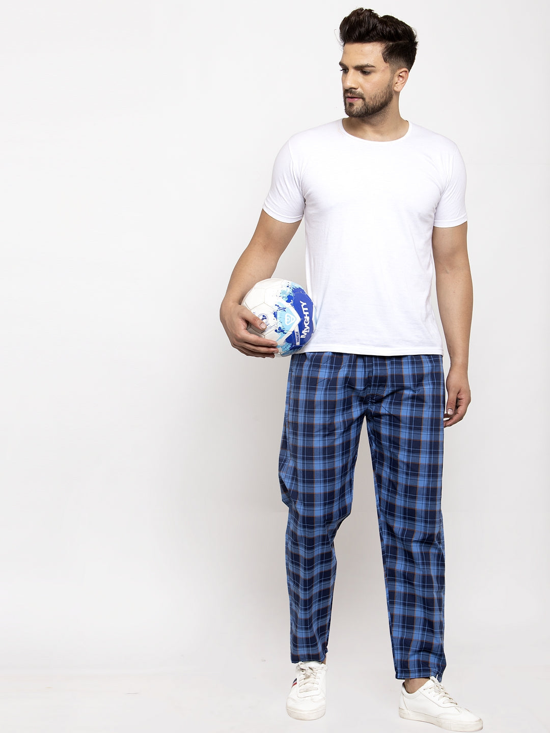 Jainish Men's Blue Checked Cotton Track Pants ( JOG 013Royal-Blue ) | Grocsy