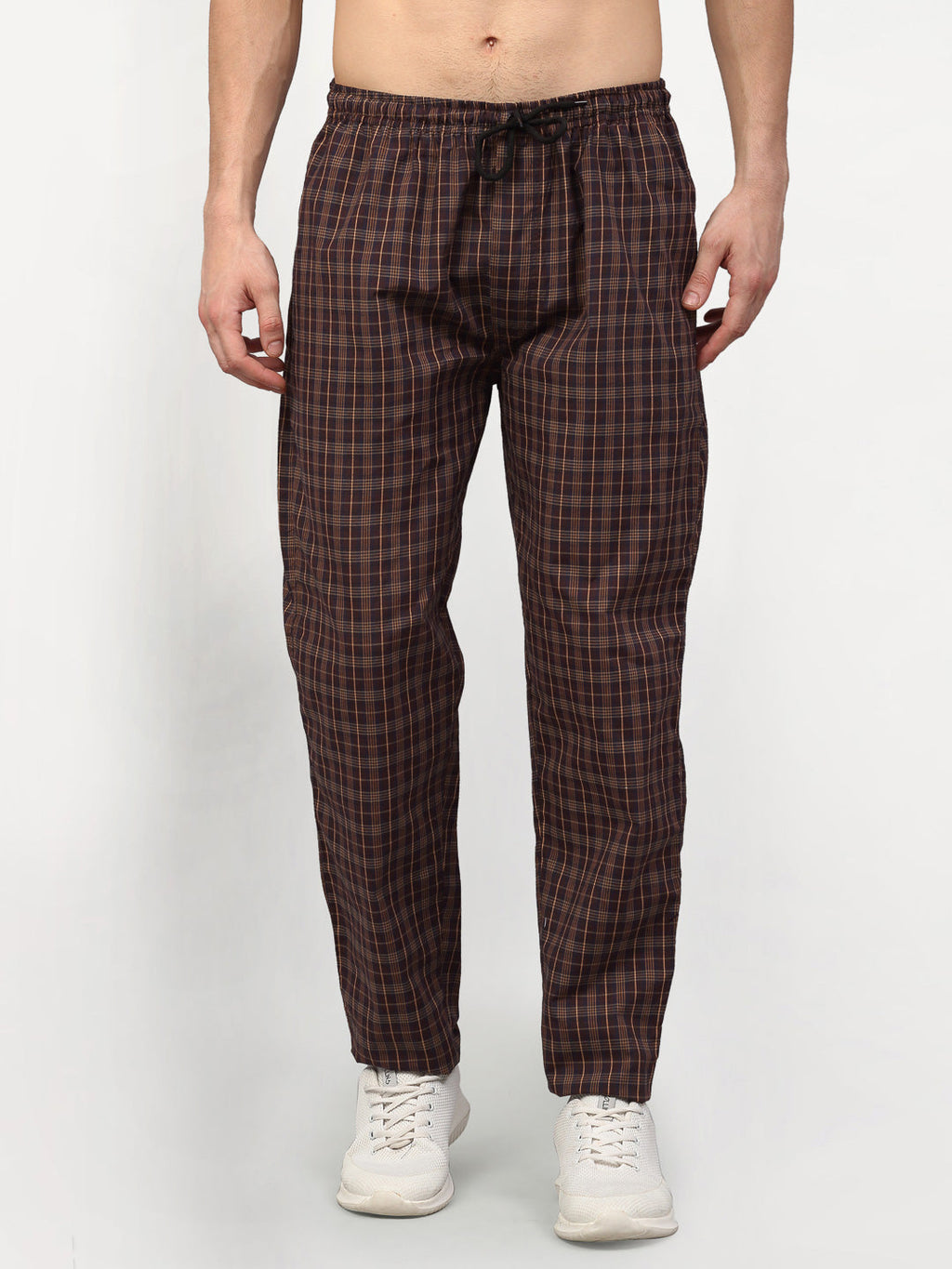 Jainish Men's Brown Cotton Checked Track Pants ( JOG 015Brown ) | Grocsy