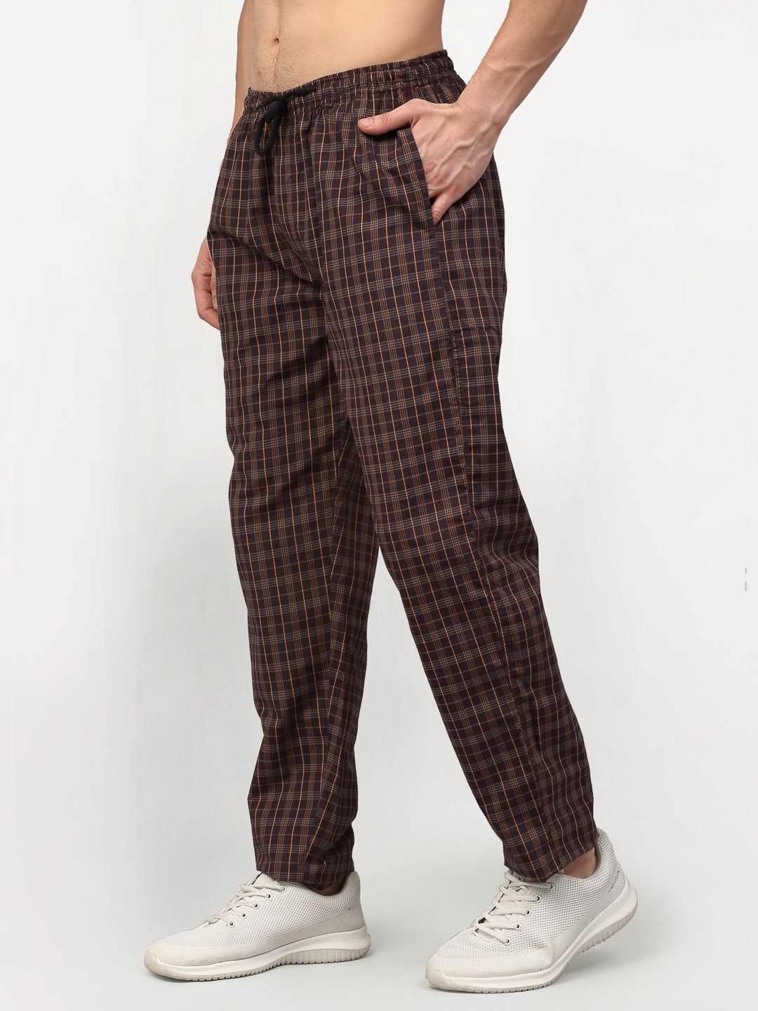 Jainish Men's Brown Cotton Checked Track Pants ( JOG 015Brown ) | Grocsy