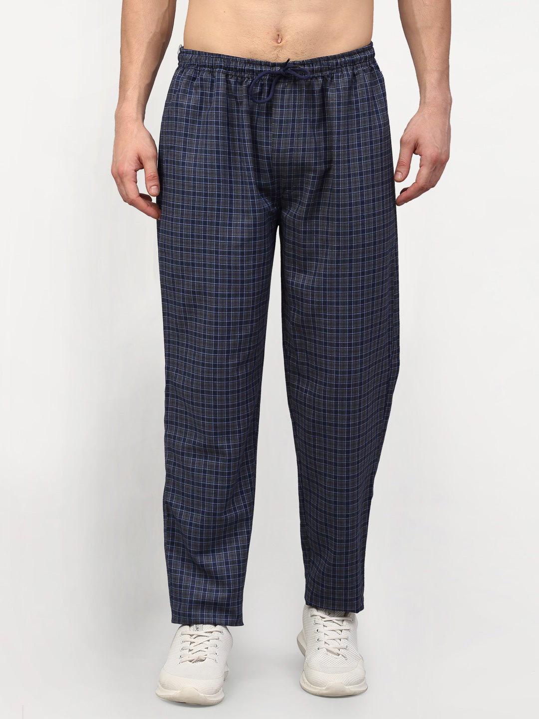 Jainish Men's Navy Blue Cotton Checked Track Pants ( JOG 017Navy-Grey ) | Grocsy