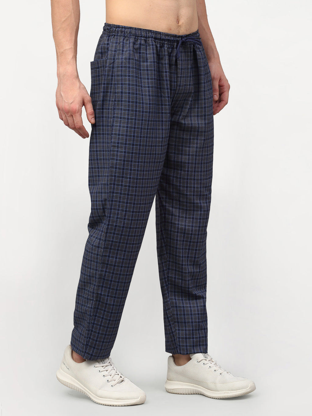 Jainish Men's Navy Blue Cotton Checked Track Pants ( JOG 017Navy-Grey ) | Grocsy