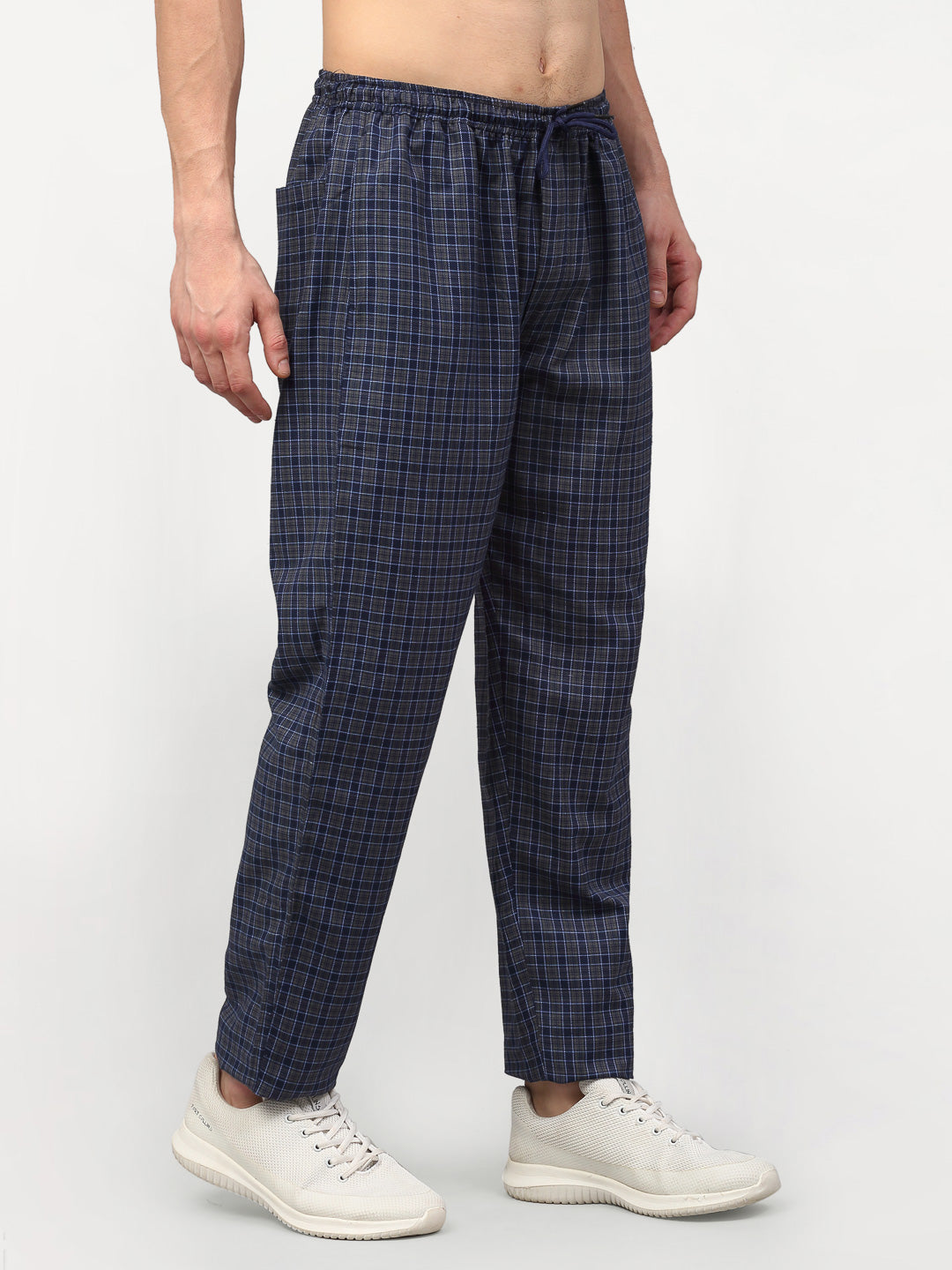 Jainish Men's Navy Blue Cotton Checked Track Pants ( JOG 017Navy-Grey ) | Grocsy