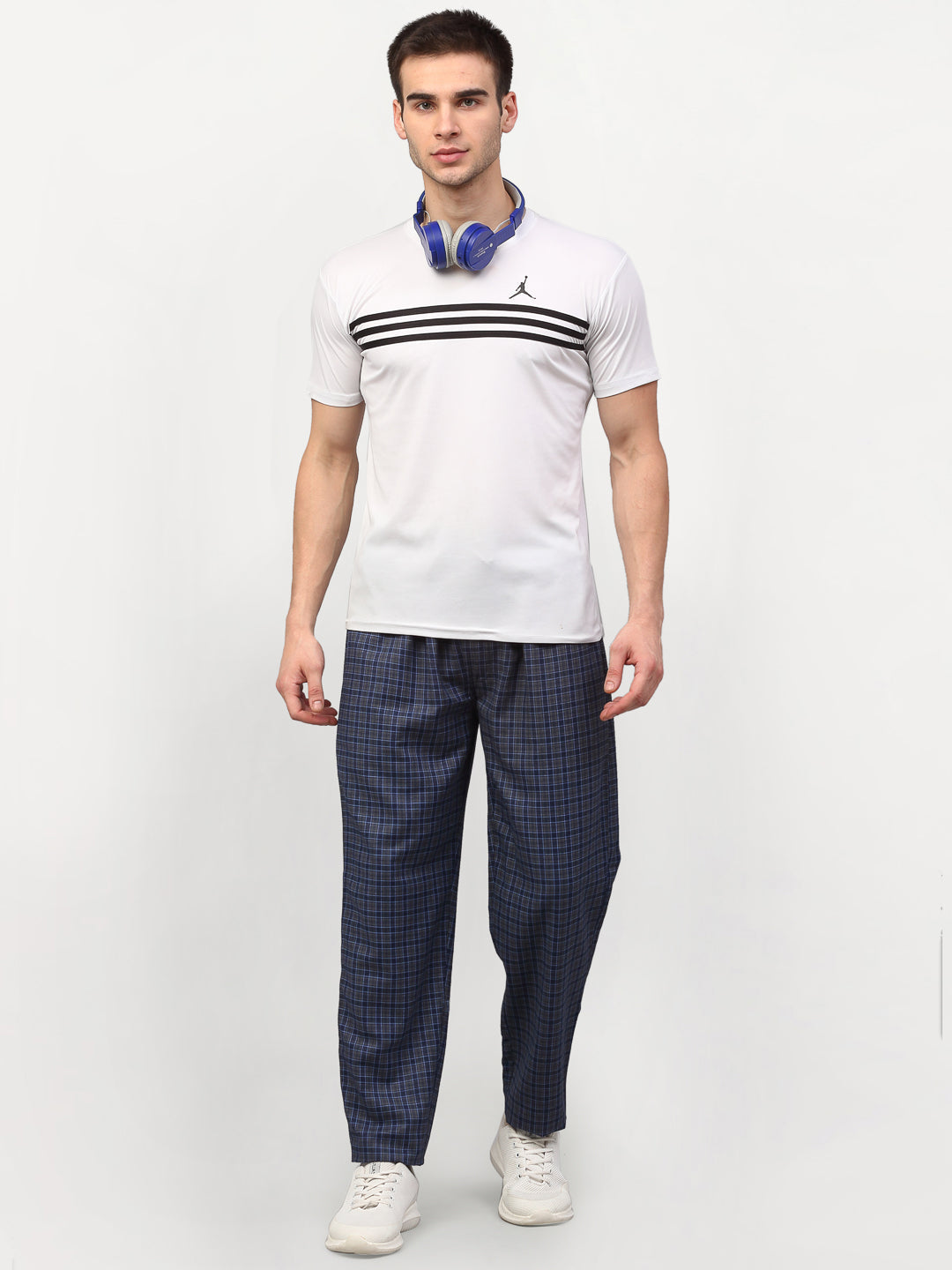 Jainish Men's Navy Blue Cotton Checked Track Pants ( JOG 017Navy-Grey ) | Grocsy