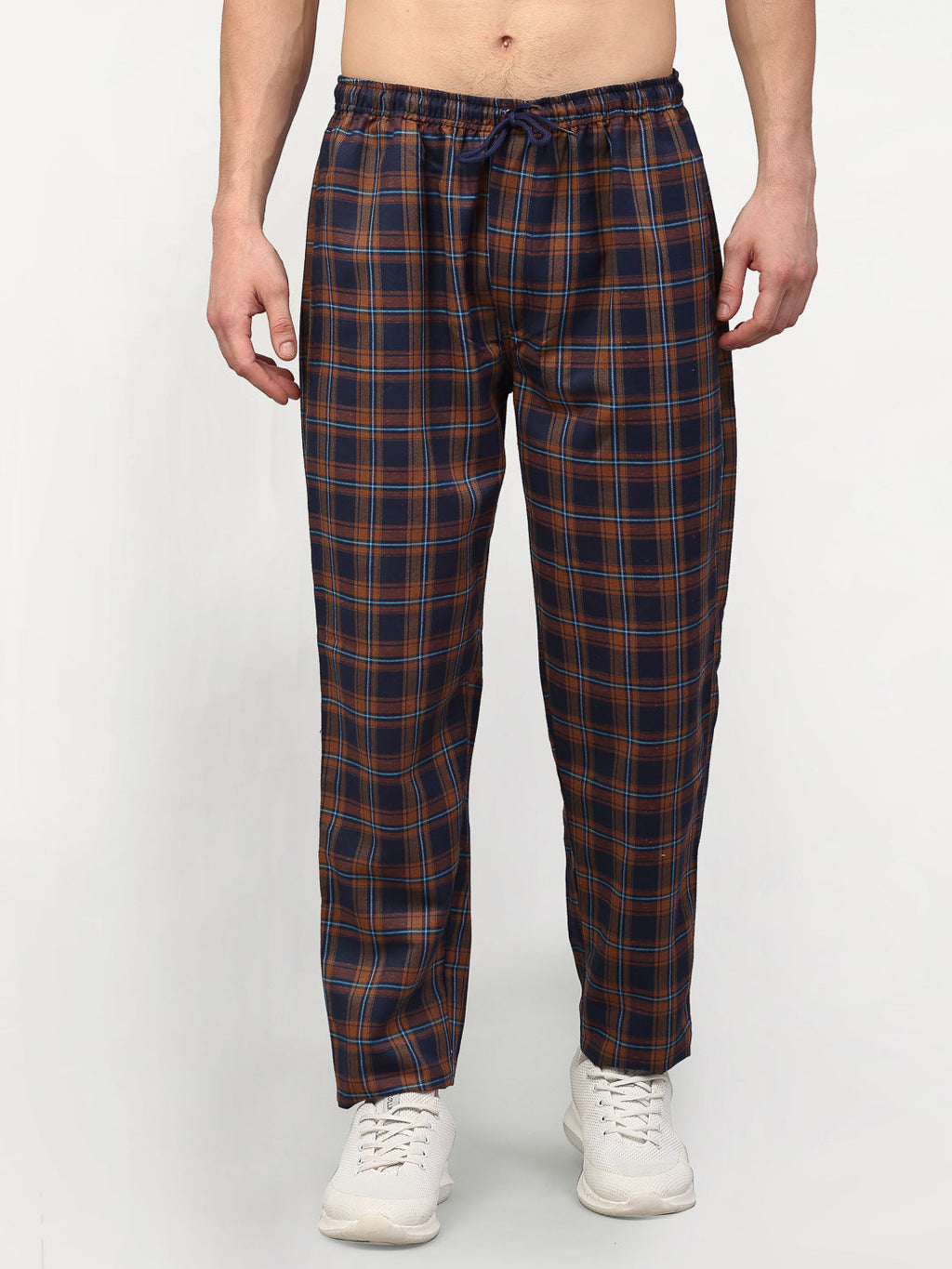 Jainish Men's Orange Cotton Checked Track Pants ( JOG 018Orange-Blue ) | Grocsy