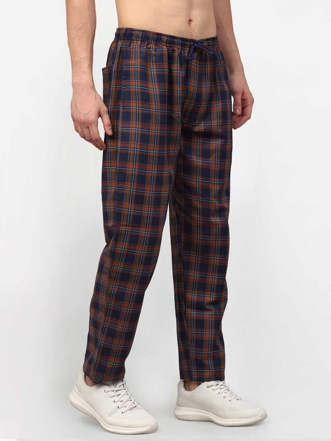 Jainish Men's Orange Cotton Checked Track Pants ( JOG 018Orange-Blue ) | Grocsy
