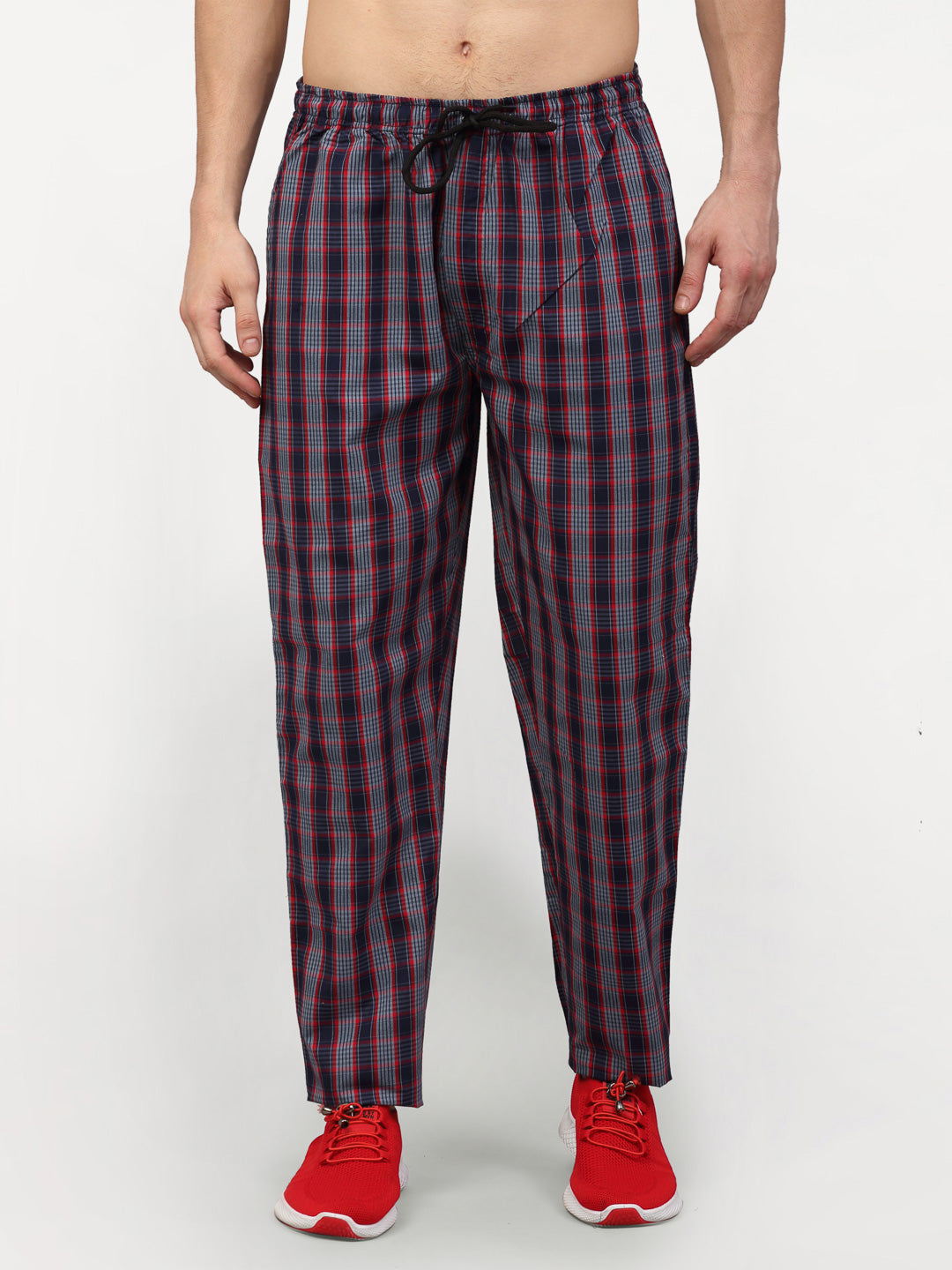 Jainish Men's Grey Cotton Checked Track Pants ( JOG 019Grey-Red ) | Grocsy