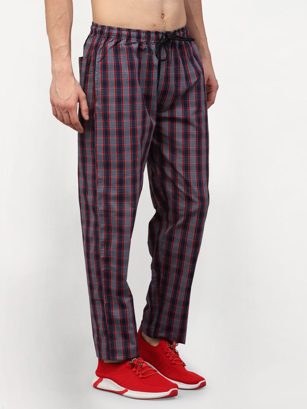 Jainish Men's Grey Cotton Checked Track Pants ( JOG 019Grey-Red ) | Grocsy
