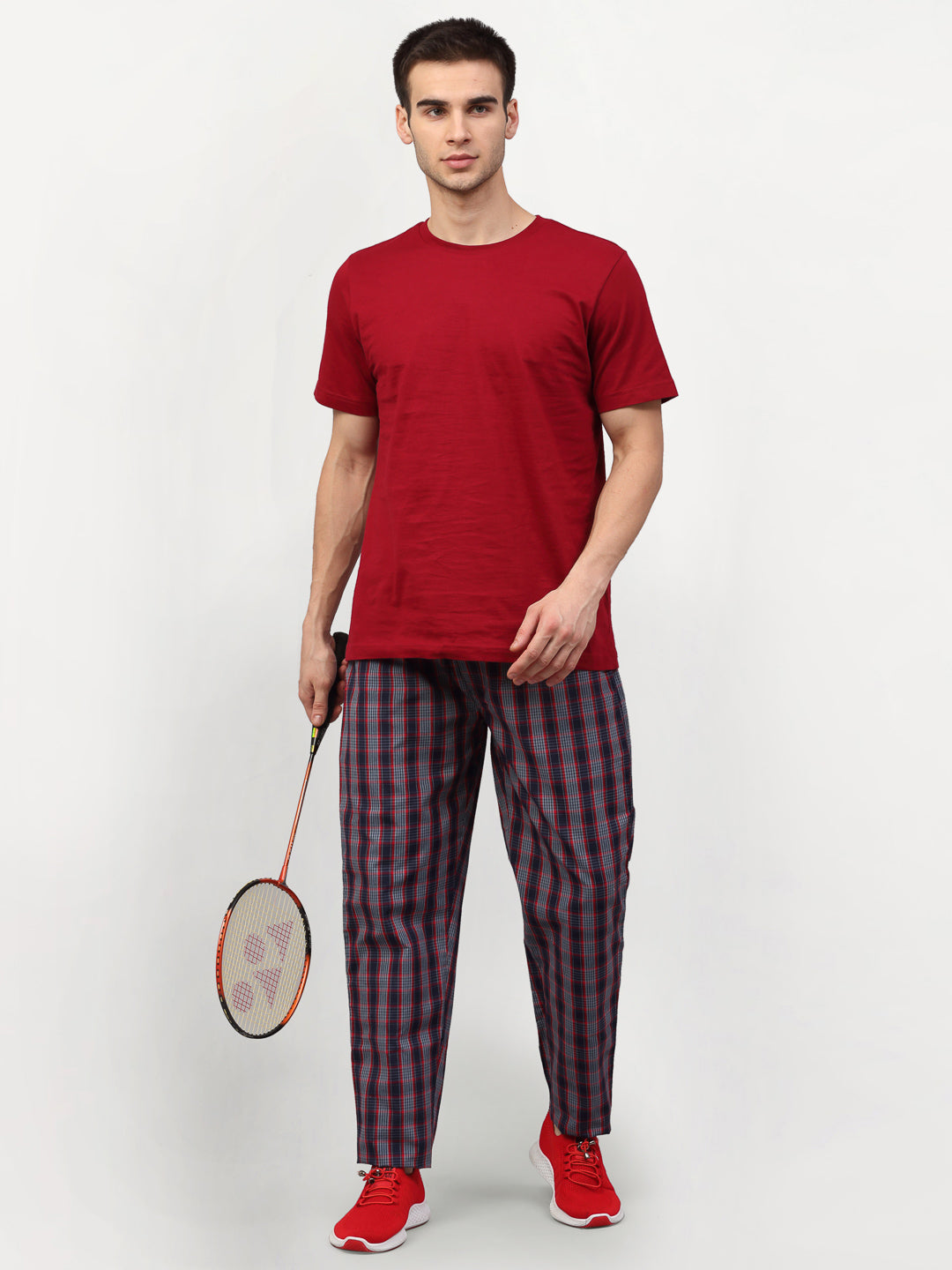 Jainish Men's Grey Cotton Checked Track Pants ( JOG 019Grey-Red ) | Grocsy