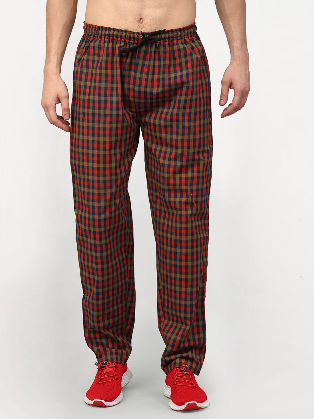 Jainish Men's Orange Cotton Checked Track Pants ( JOG 019Orange-Red ) | Grocsy