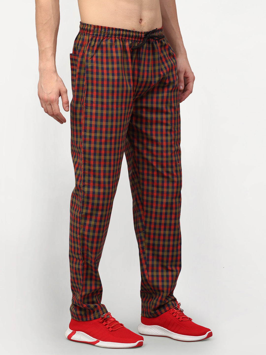 Jainish Men's Orange Cotton Checked Track Pants ( JOG 019Orange-Red ) | Grocsy
