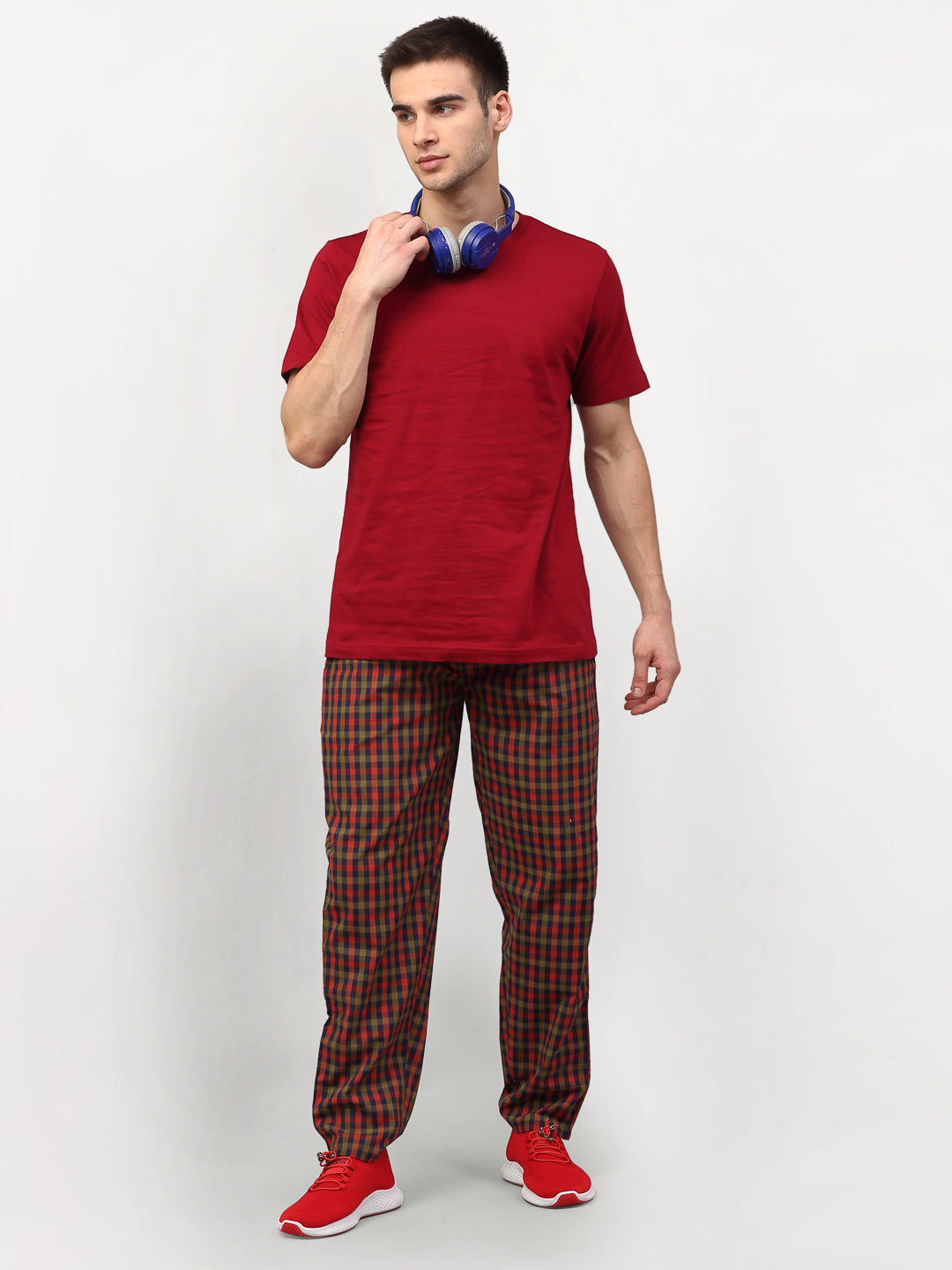 Jainish Men's Orange Cotton Checked Track Pants ( JOG 019Orange-Red ) | Grocsy