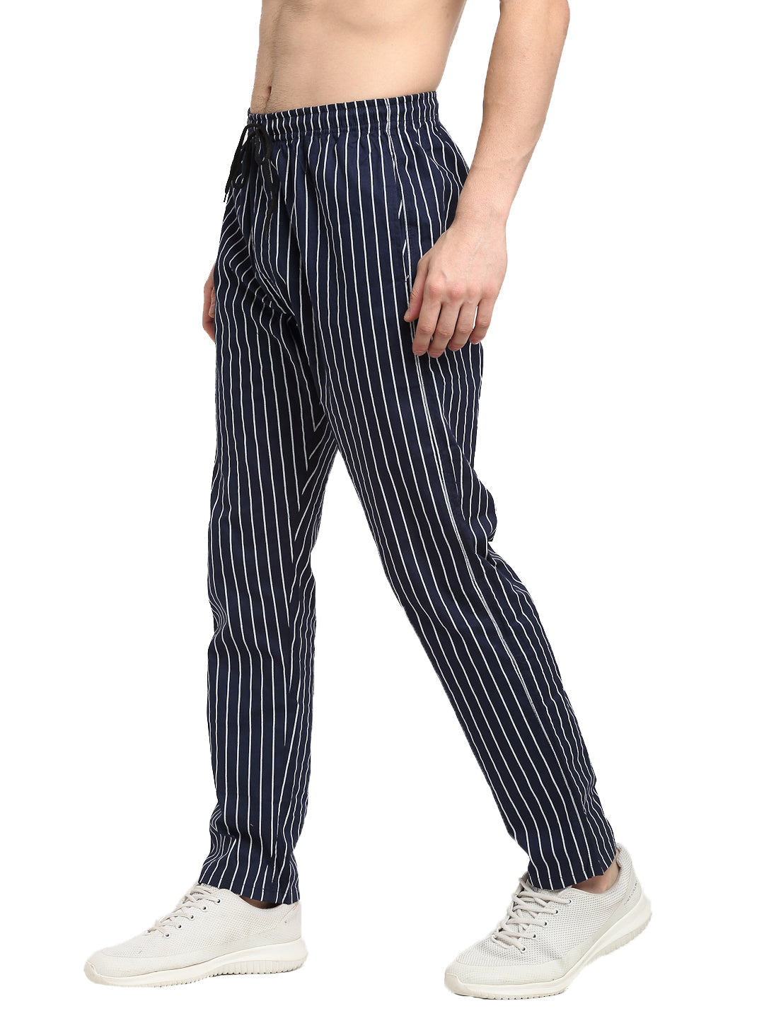Jainish Men's Navy Blue Cotton Striped Track Pants ( JOG 020Navy ) | Grocsy