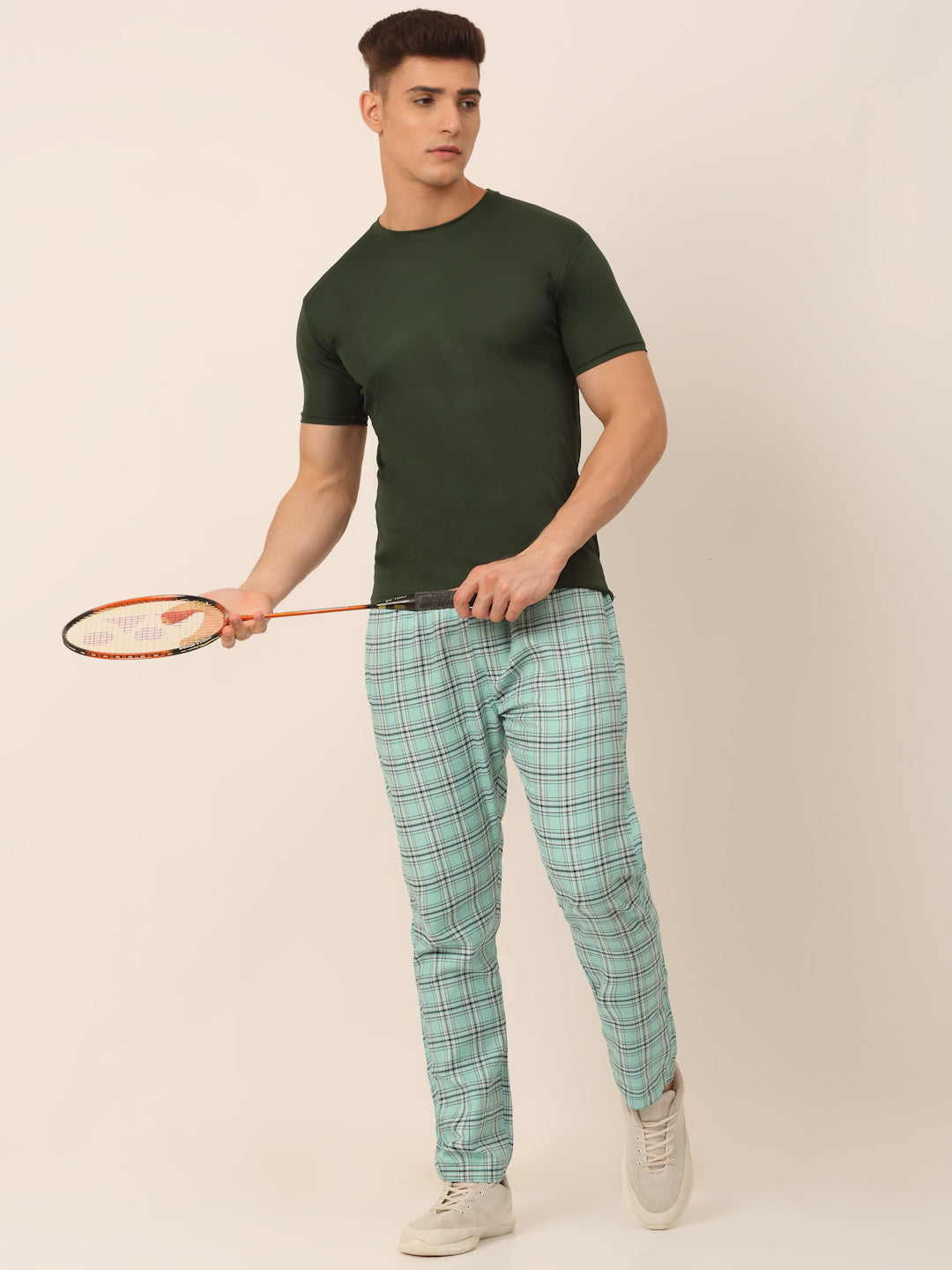 Jainish Men's Checked Cotton Track Pants - Green | Grocsy