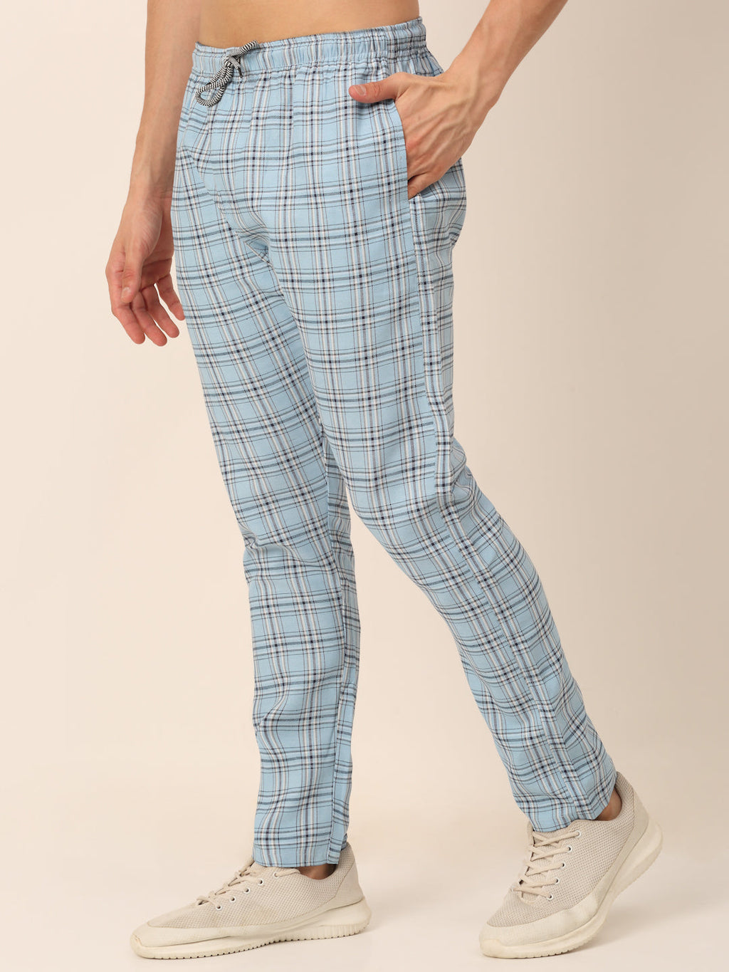 Jainish Men's Checked Cotton Track Pants - Sky Blue | Grocsy