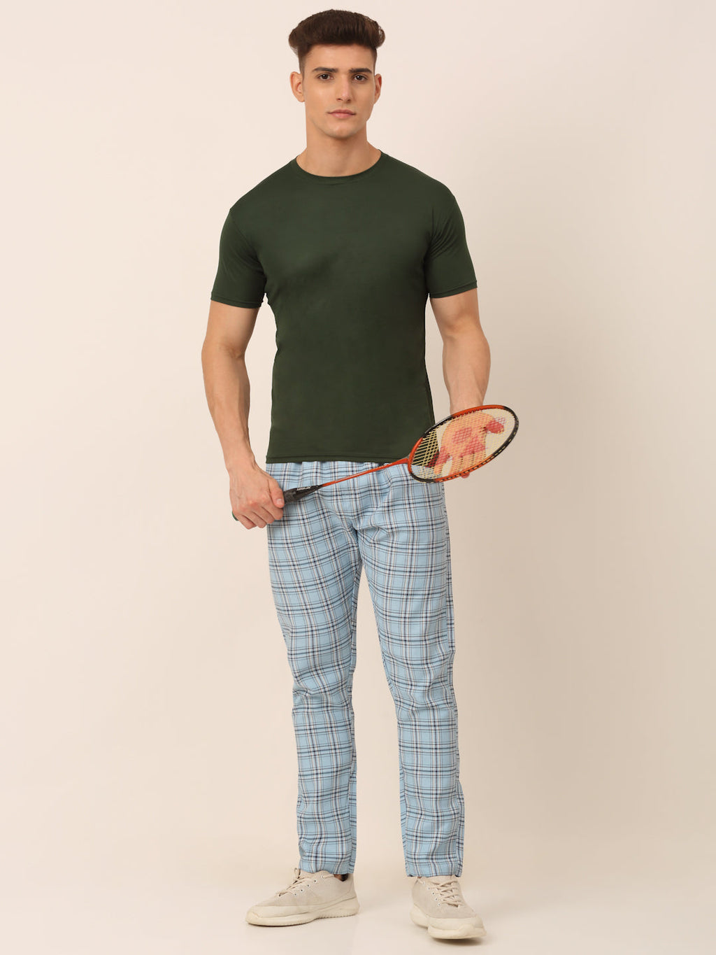 Jainish Men's Checked Cotton Track Pants - Sky Blue | Grocsy