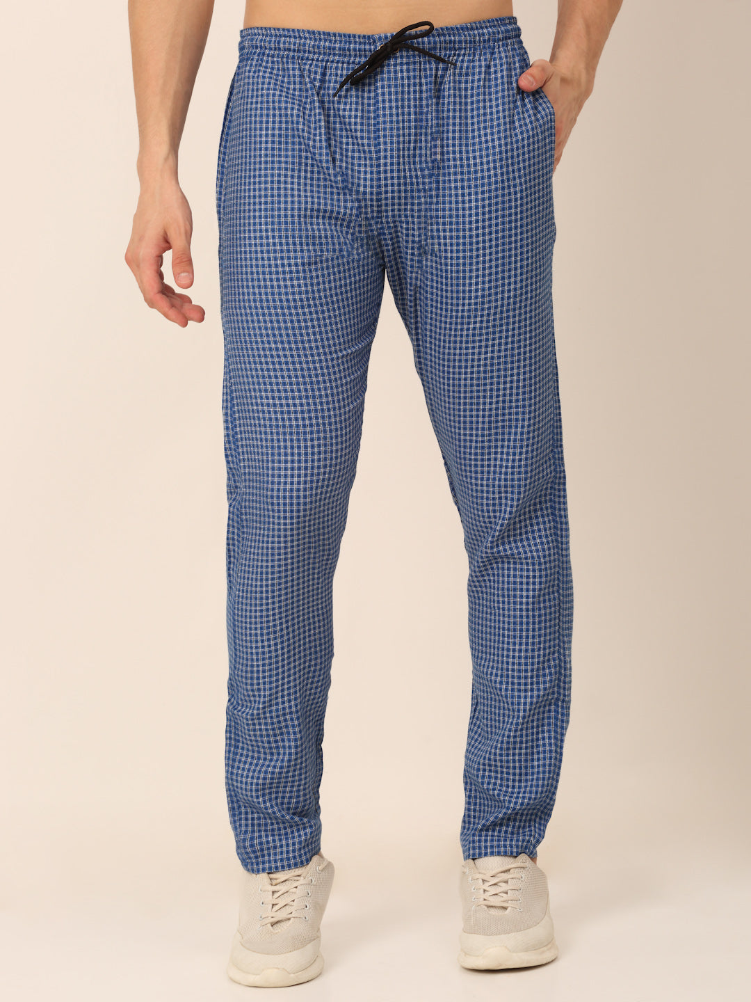 Jainish Men's Checked Cotton Track Pants - Blue | Grocsy